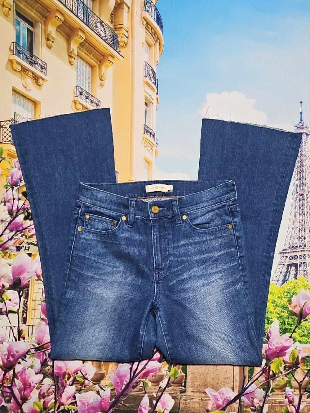 Tory Burch Dark Blue Boot-Cut Raw Hem Jeans Size 26